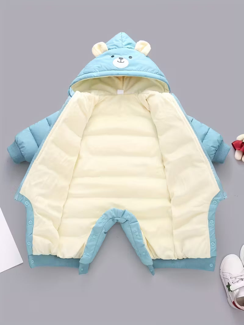 Uşaq Qış Snowsuit – Qapüşonlu, Ayı Naxışlı, Fleece Astarlı Romper, Fermuarlı Uzun Qol, 100% Polyester, Oğlan və Qız Üçün, Açıq Hava Üçün