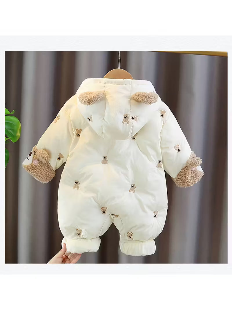 Körpə Qız Qış Paltosu – Kapüşonlu, Ayıcıq Naxışlı, Qalın Fleece Astarlı, Uzun Qol, Ön Ciblər, Kontrast Haşiyəli, İsti və Rahat Qış Geyimi