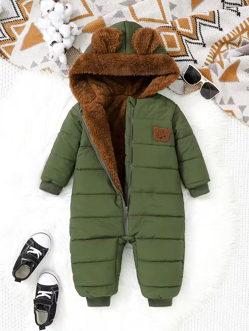 “Şirin Ayı Naxışlı Yaşıl Kapüşonlu Jumpsuit – Körpələr üçün Payız/Qış Rahat Geyimi”