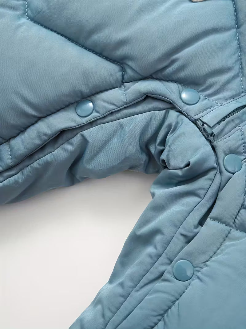 Qışlıq Kapüşonlu Körpə Snouçuiti – Şirin Cizgi Filmli Maral Naxışlı, Uzun Qollu Polyester Dolğulu, Fermuarlı, Biraz Elastik Parçalı, Körpələr üçün Şən Yeni İl Üslubunda Xarici Geyim