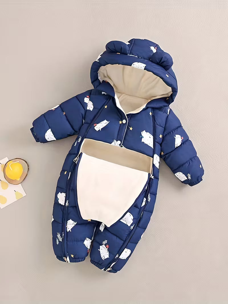 Unisex Qış Jumpsuit – Qalın Yumşaq Kapüşonlu Uzun Qol Romper, Cartoon Qoyun və Bulud Naxışlı, Elastik Manşetlər, Açıq Hava Üçün