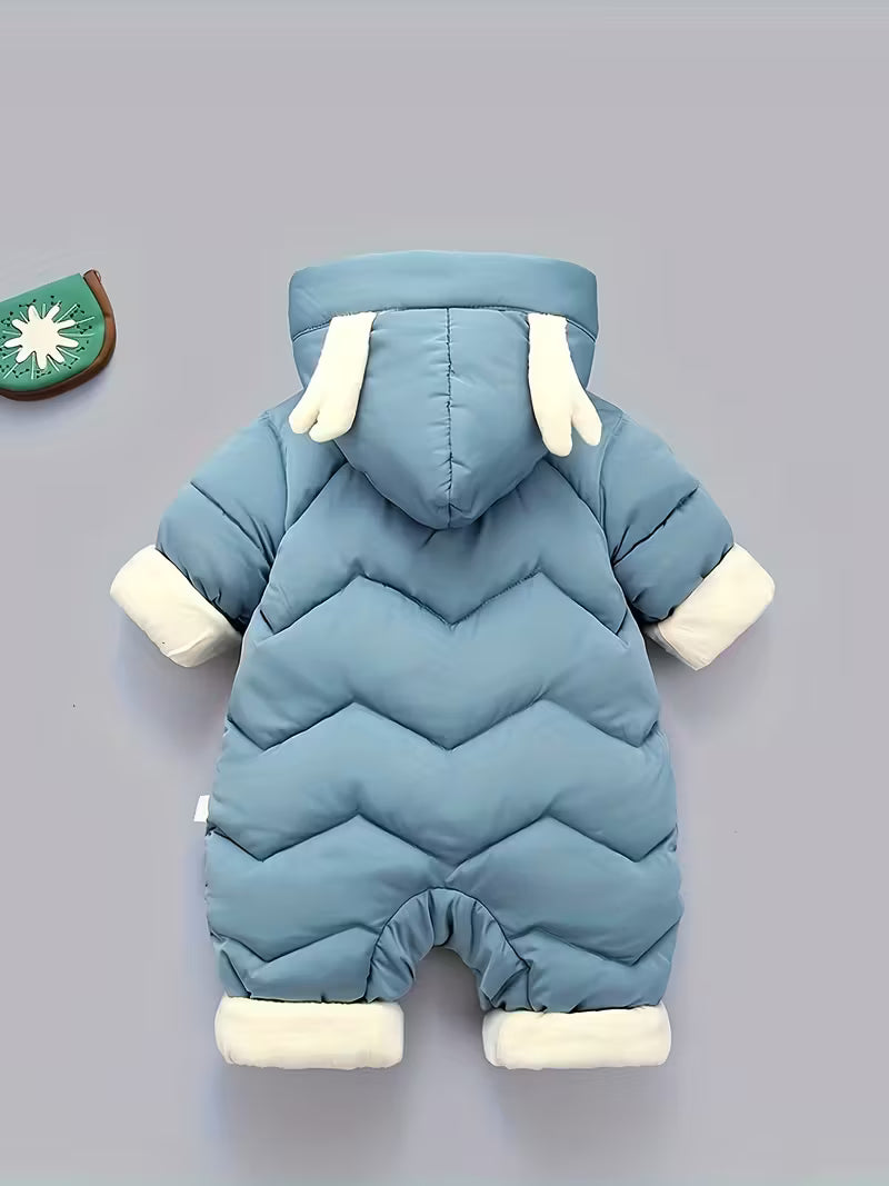 Qışlıq Kapüşonlu Körpə Snouçuiti – Şirin Cizgi Filmli Maral Naxışlı, Uzun Qollu Polyester Dolğulu, Fermuarlı, Biraz Elastik Parçalı, Körpələr üçün Şən Yeni İl Üslubunda Xarici Geyim