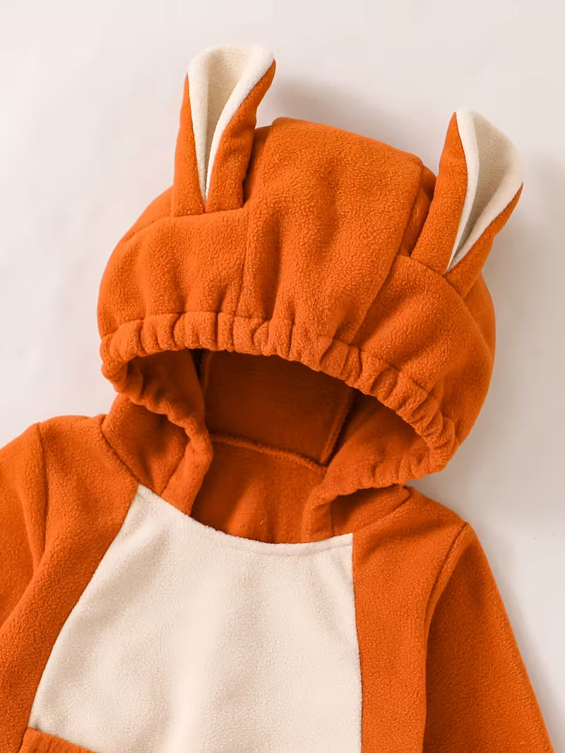 Kiçik Qız üçün Rahat Narıncı Kapüşonlu Romper, Ön Cib və Quyruq ilə - Sevimli Heyvan Dizaynı, Partilər & Oyun Vaxtı üçün Mükəmməl, Yumşaq & Rahat, Partiya Geyimi|Oyuncaq Dizayn|Uşaqların Geyimi, Açıq Hava üçün