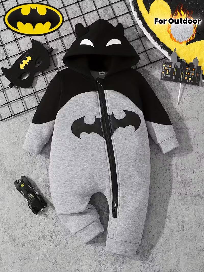 Körpə Oğlan Romper – Qara-Gri, Qalın Fleece, Kapüşonlu, İsti və Rahat, Payız/Qış Açıq Hava Geyimi