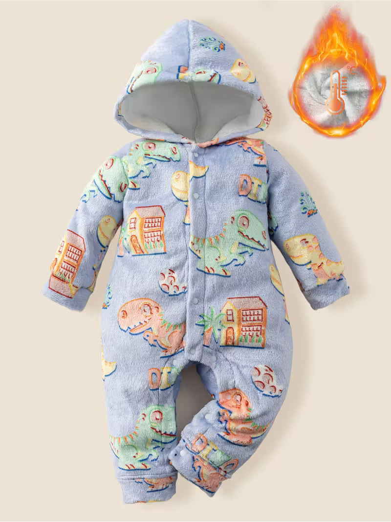 Rəngli Dinozavr Naxışlı Qız Uşaq Kapüşonlu Kombinezon – Evdə Oyun və Rahatlıq üçün İdeal