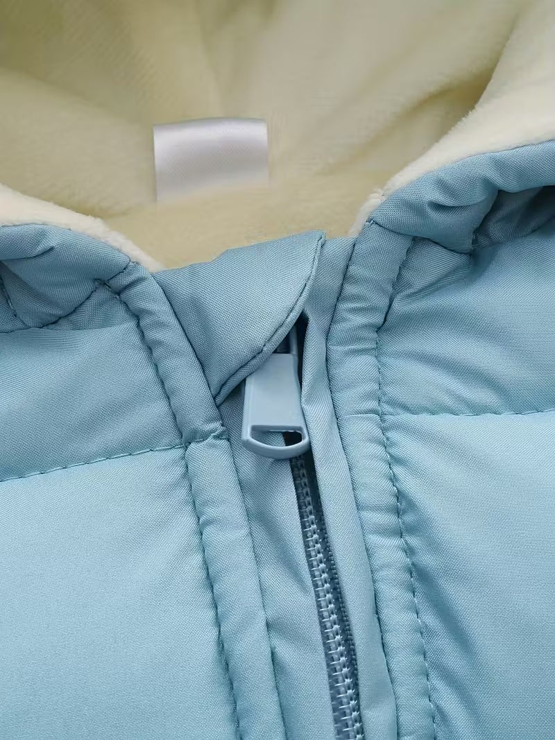 Uşaq Qış Snowsuit – Qapüşonlu, Ayı Naxışlı, Fleece Astarlı Romper, Fermuarlı Uzun Qol, 100% Polyester, Oğlan və Qız Üçün, Açıq Hava Üçün