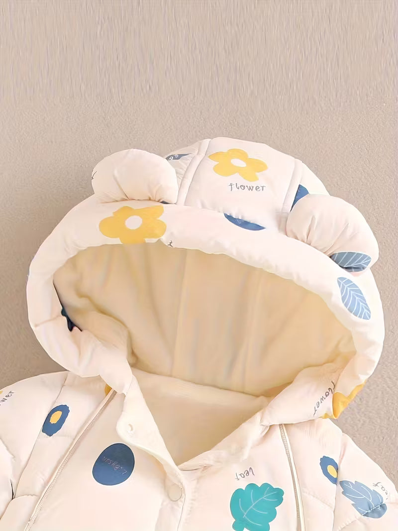 Unisex Qış Jumpsuit – Qalın Yumşaq Kapüşonlu Uzun Qol Romper, Cartoon Qoyun və Bulud Naxışlı, Elastik Manşetlər, Açıq Hava Üçün