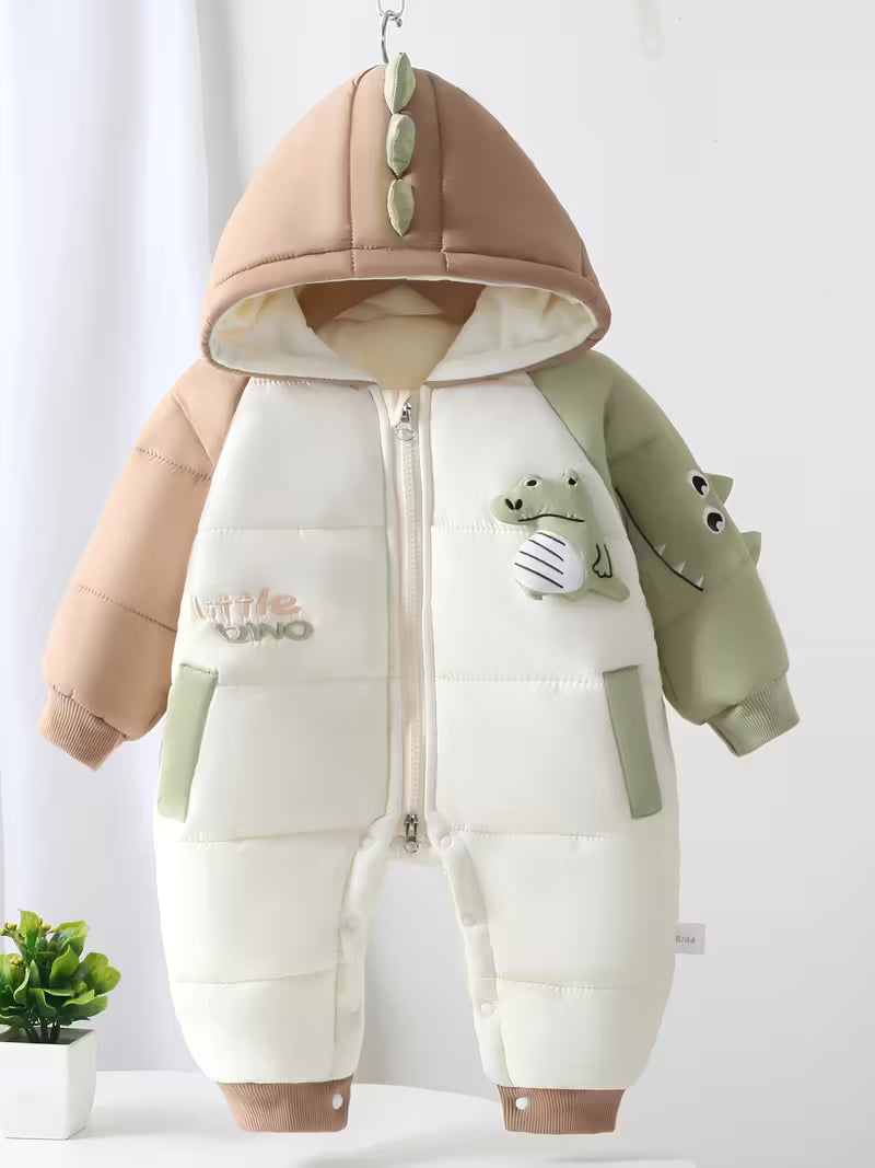 Qış Kapüşonlu Romper – Kapüşonlu, Uzun Qol, Cibli, Şirin Dinosaur Naxışlı, Mavi-Ağ, Rahat