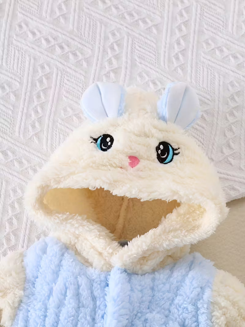 Payız/Qış üçün Yumşaq Dovşan Naxışlı Kapüşonlu Körpə Bodi – 0-9 Ay İstilik Saxlayan Körpə Kombinezonu, Açıq Hava Üçün Mükəmməl