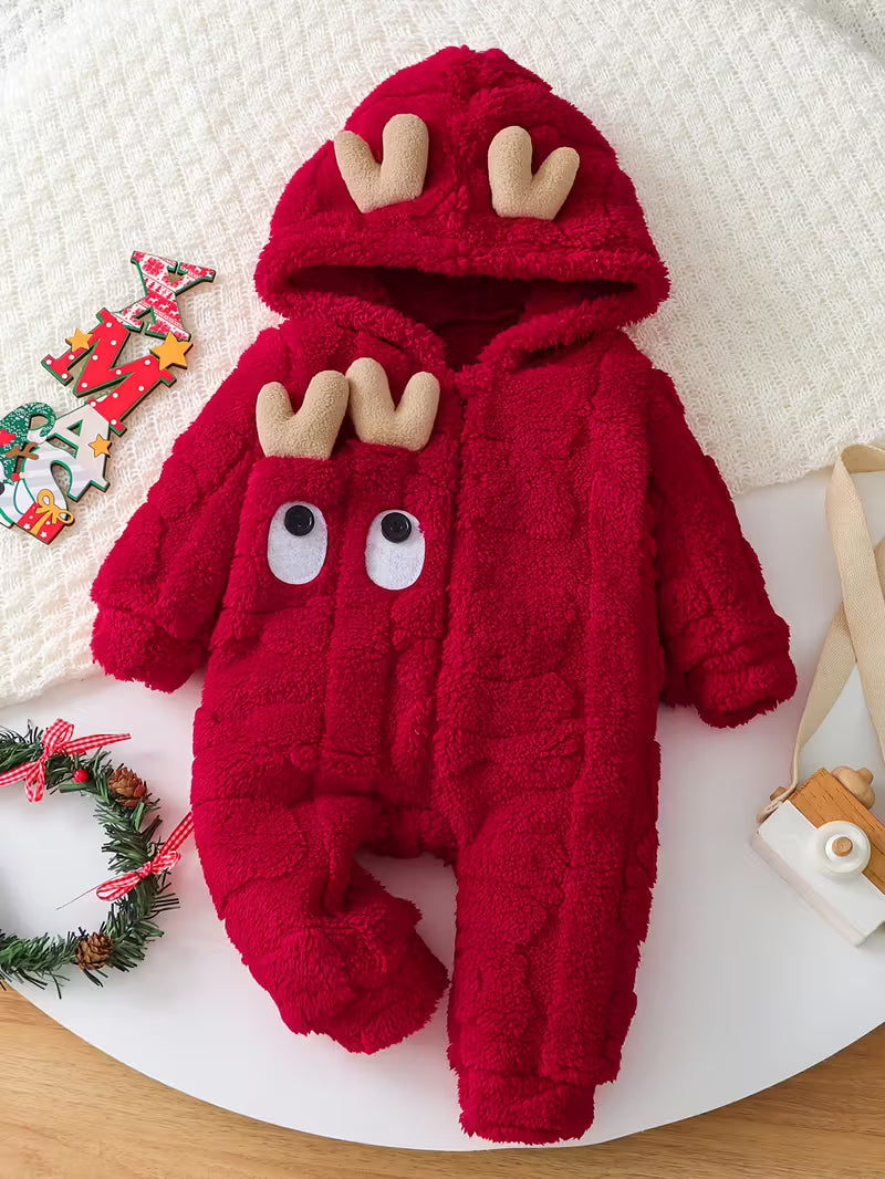 Körpələr üçün Qışlıq Plüş Geyik Başlıqlı Kombinezon – İsti & Milad Fotoşəkilləri üçün İdeal