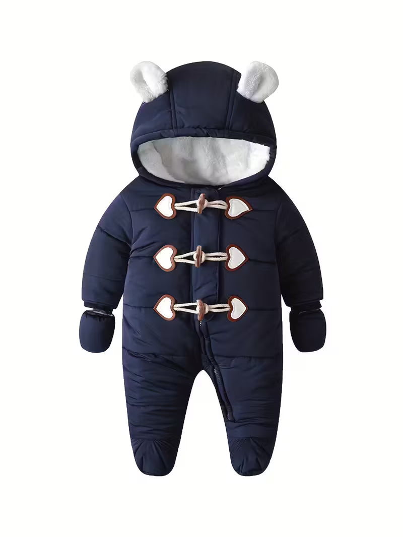 Gender-Neutral Körpə Qış Kombinezonu – Ayı Qulaqlı, Yumşaq və İsti”