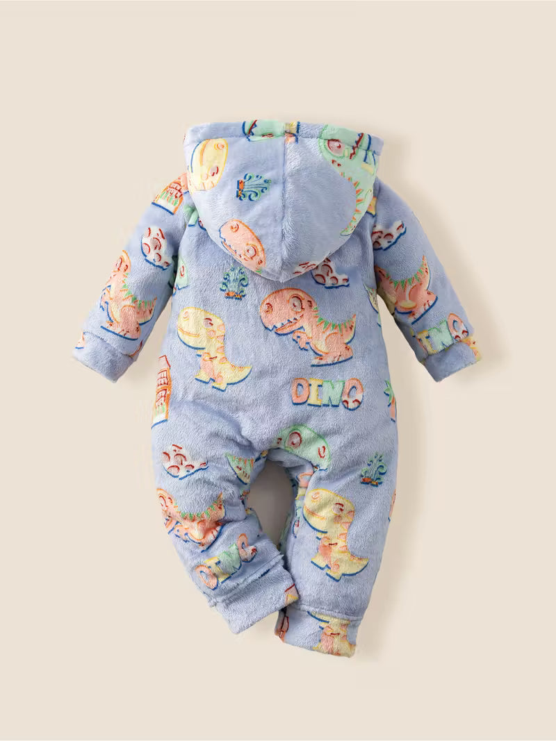 Rəngli Dinozavr Naxışlı Qız Uşaq Kapüşonlu Kombinezon – Evdə Oyun və Rahatlıq üçün İdeal