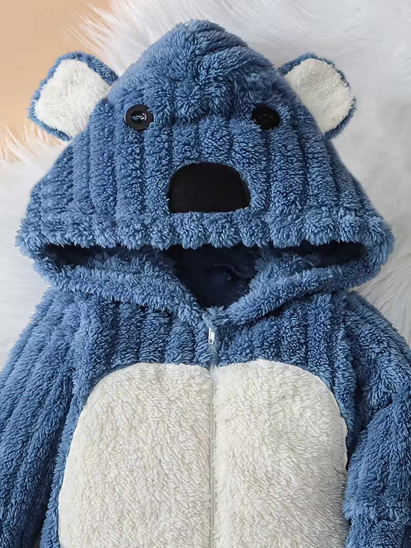 Oğlan Körpələr üçün Mavi Ayı Üzü Kapüşonlu Yumşaq Kombinezon – Foto & Açıq Hava üçün İdeal