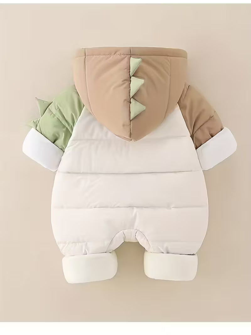 Qış Kapüşonlu Romper – Kapüşonlu, Uzun Qol, Cibli, Şirin Dinosaur Naxışlı, Mavi-Ağ, Rahat