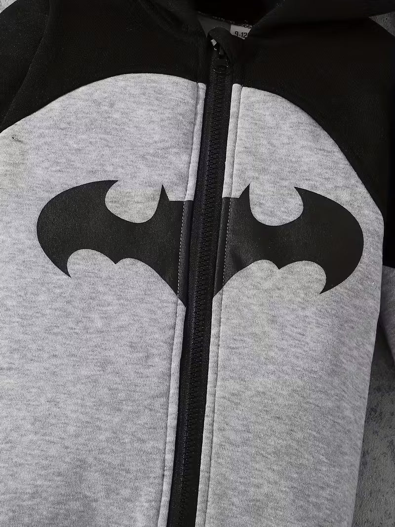 Körpə Oğlan Romper – Qara-Gri, Qalın Fleece, Kapüşonlu, İsti və Rahat, Payız/Qış Açıq Hava Geyimi