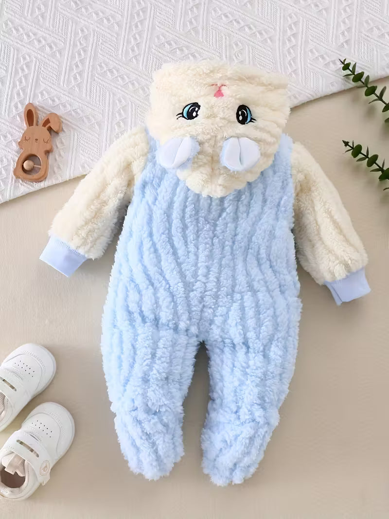 Payız/Qış üçün Yumşaq Dovşan Naxışlı Kapüşonlu Körpə Bodi – 0-9 Ay İstilik Saxlayan Körpə Kombinezonu, Açıq Hava Üçün Mükəmməl