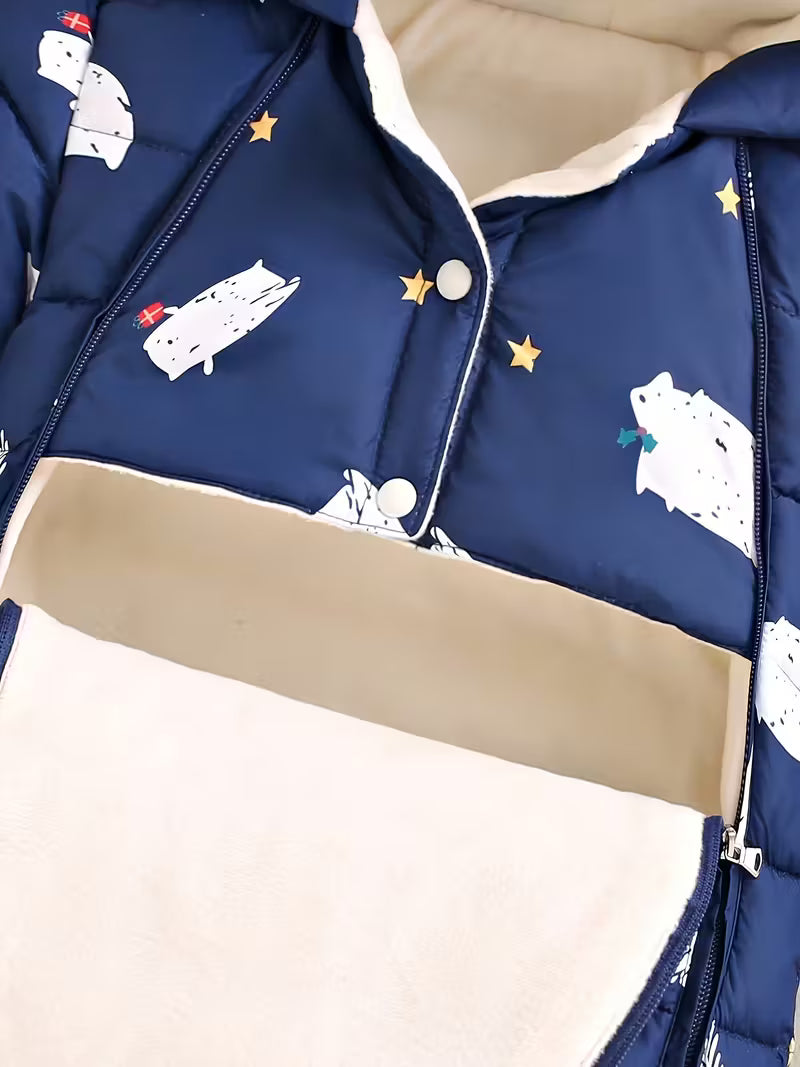 Unisex Qış Jumpsuit – Qalın Yumşaq Kapüşonlu Uzun Qol Romper, Cartoon Qoyun və Bulud Naxışlı, Elastik Manşetlər, Açıq Hava Üçün