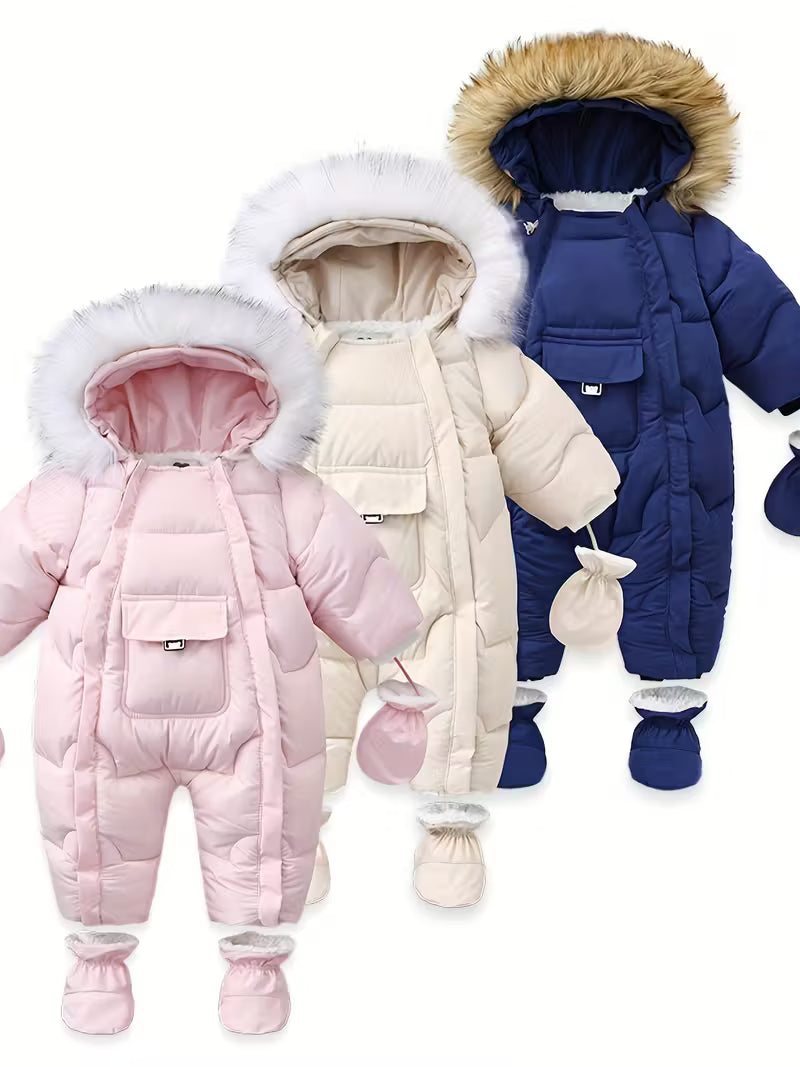 Körpə Qışlıq Kar Kostyumu, Plüş Süni Tüklü Şapka & Elastik Manjetli Tam Fermuar Ceket - Oğlanlar