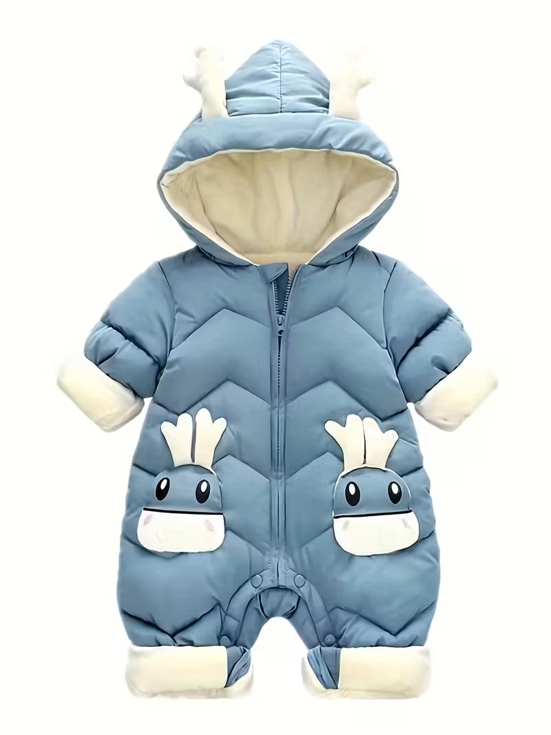 Qışlıq Kapüşonlu Körpə Snouçuiti – Şirin Cizgi Filmli Maral Naxışlı, Uzun Qollu Polyester Dolğulu, Fermuarlı, Biraz Elastik Parçalı, Körpələr üçün Şən Yeni İl Üslubunda Xarici Geyim