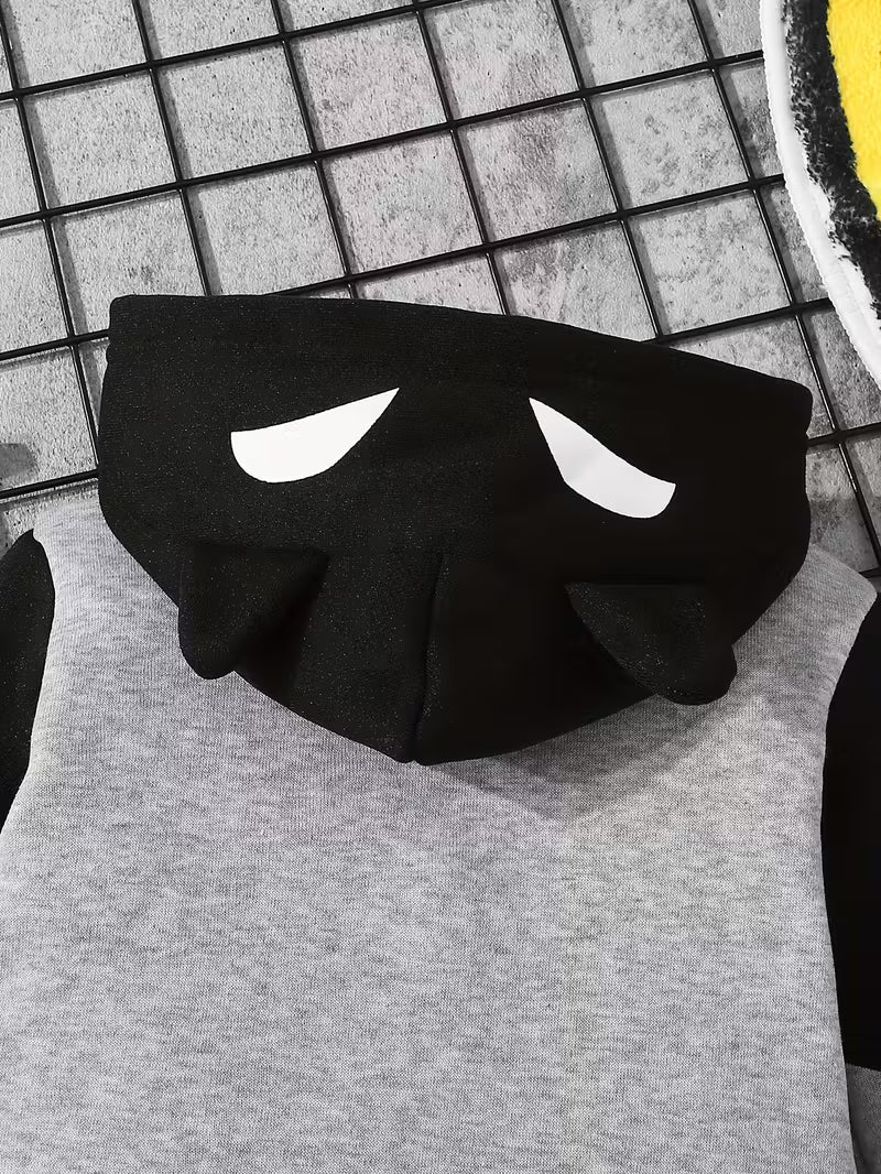 Körpə Oğlan Romper – Qara-Gri, Qalın Fleece, Kapüşonlu, İsti və Rahat, Payız/Qış Açıq Hava Geyimi