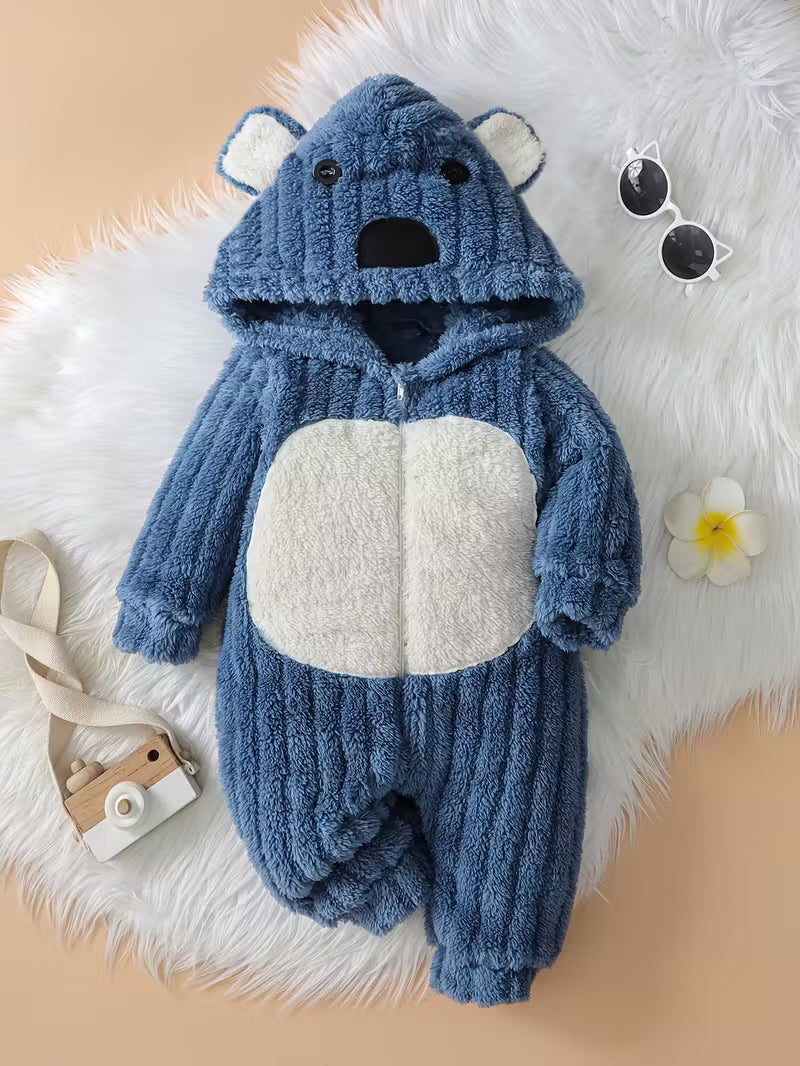 Oğlan Körpələr üçün Mavi Ayı Üzü Kapüşonlu Yumşaq Kombinezon – Foto & Açıq Hava üçün İdeal