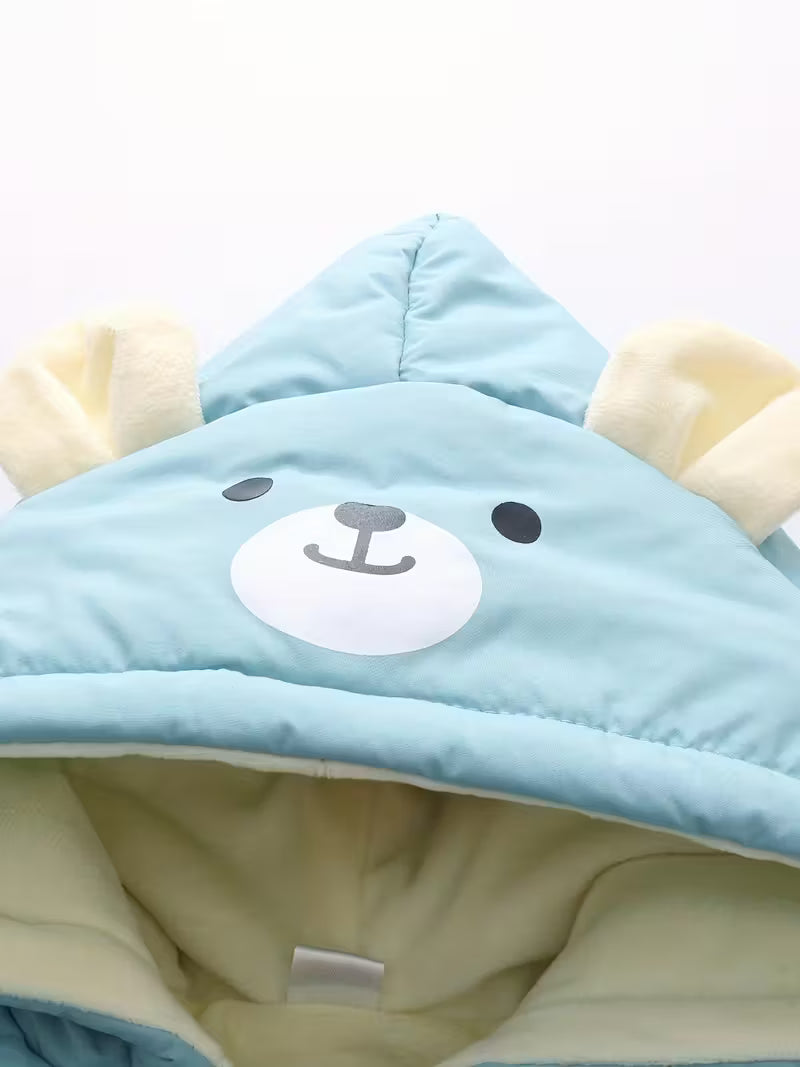 Uşaq Qış Snowsuit – Qapüşonlu, Ayı Naxışlı, Fleece Astarlı Romper, Fermuarlı Uzun Qol, 100% Polyester, Oğlan və Qız Üçün, Açıq Hava Üçün