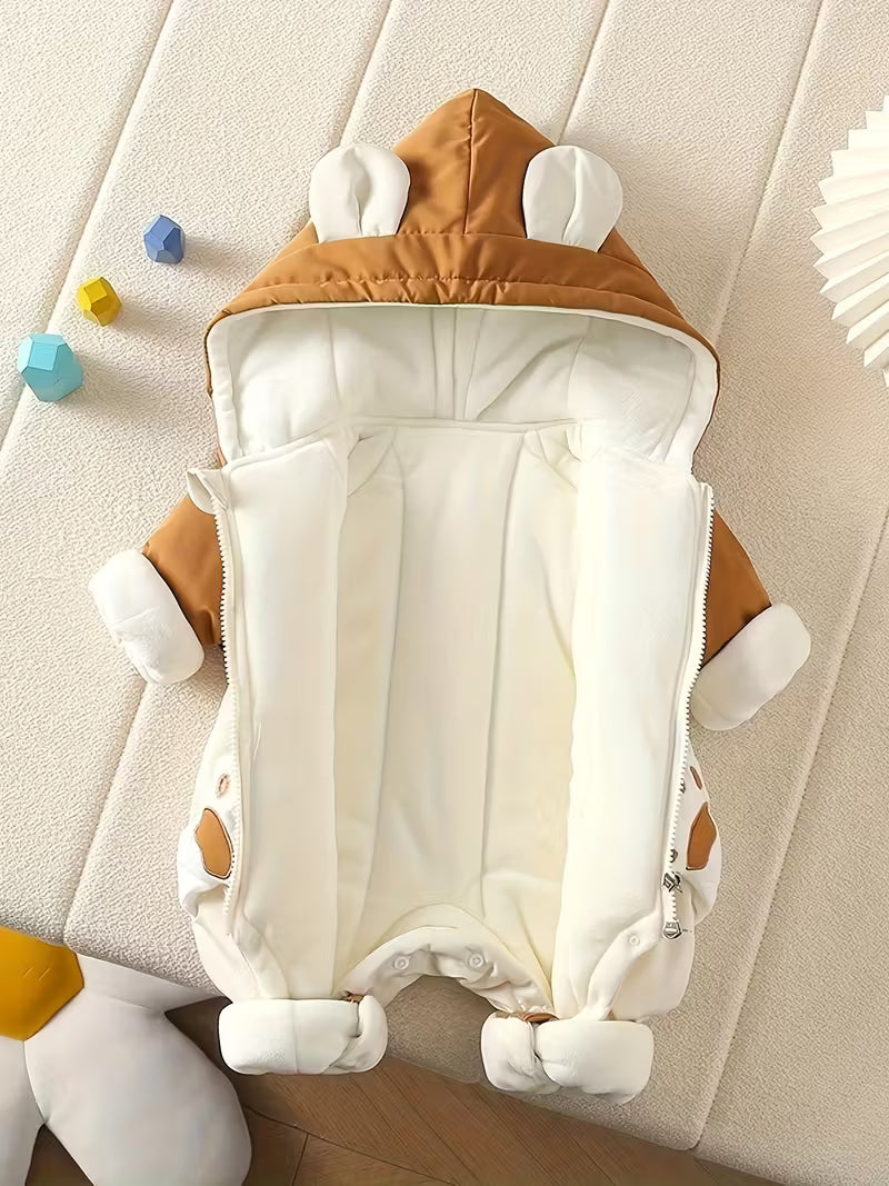 Qış Kapüşonlu Romper – Kapüşonlu, Uzun Qol, Cibli, Şirin Dinosaur Naxışlı, Mavi-Ağ, Rahat