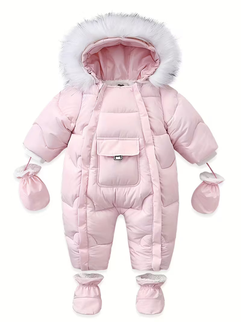 Körpə Qışlıq Kar Kostyumu, Plüş Süni Tüklü Şapka & Elastik Manjetli Tam Fermuar Ceket - Oğlanlar