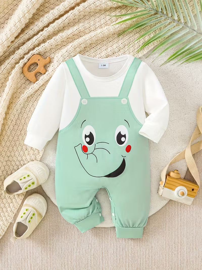 1 Parça Körpə Oğlan Geyimi – Yumşaq və Rahat, Kiçik Fil Printli, Asan Bez Dəyişikliyi, Yaz/Payız üçün İdeal”