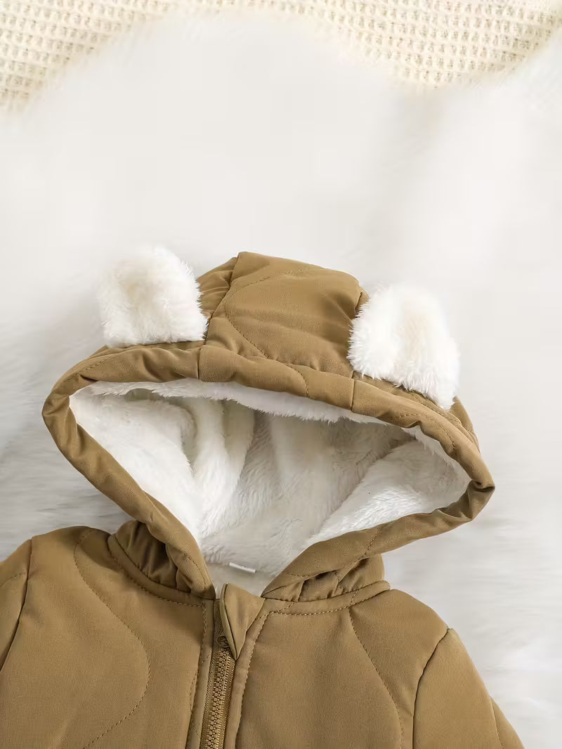 Dovşan Qulaqlı Rahat Boz Kapüşonlu Körpə Kombinezonu – Qalın Flis Astarı ilə Qışlıq Fermuarlı,