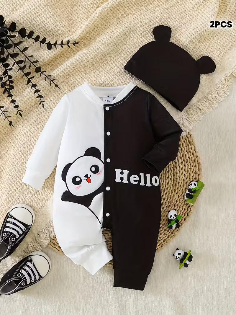 “2-li Dəst: Şirin Panda Naxışlı Rəngli Bodi və Şapka – Açıq Hava üçün İdea