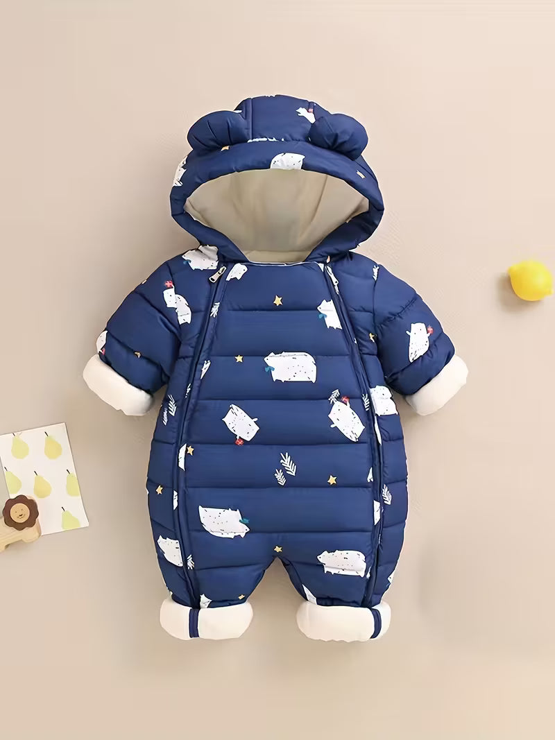 Unisex Qış Jumpsuit – Qalın Yumşaq Kapüşonlu Uzun Qol Romper, Cartoon Qoyun və Bulud Naxışlı, Elastik Manşetlər, Açıq Hava Üçün