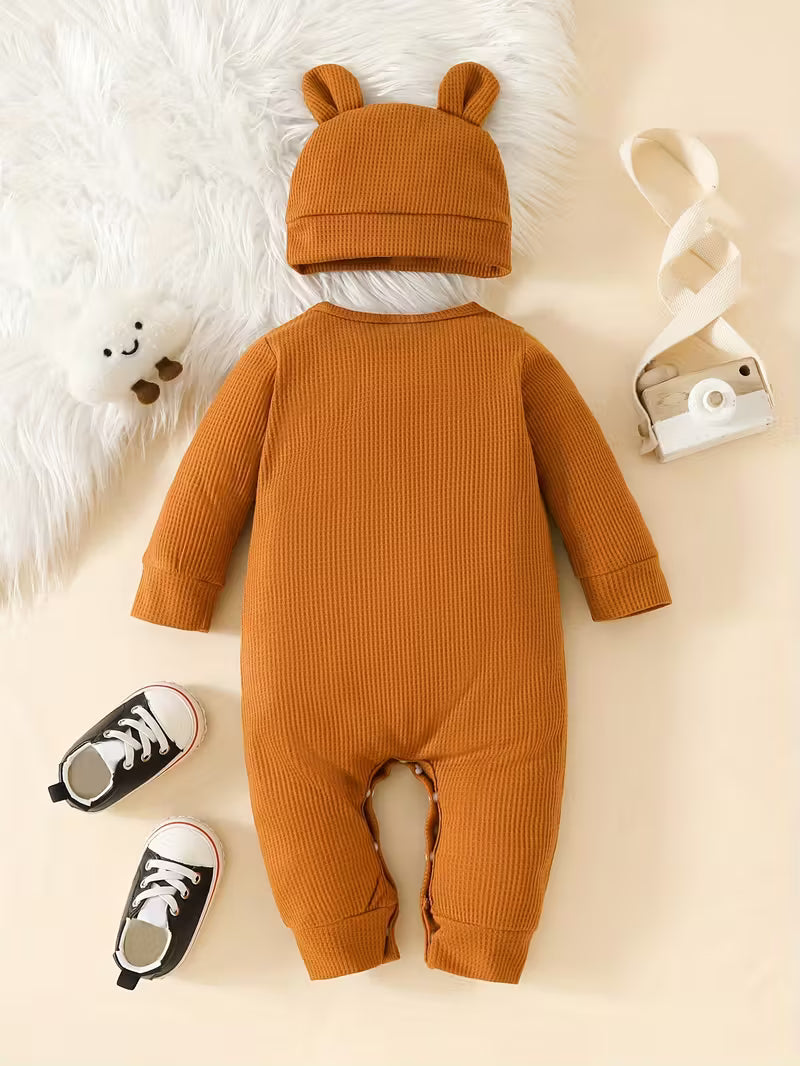 Körpə üçün Trendy Çaplı Uzunqollu Romper və Uyğun Şapka