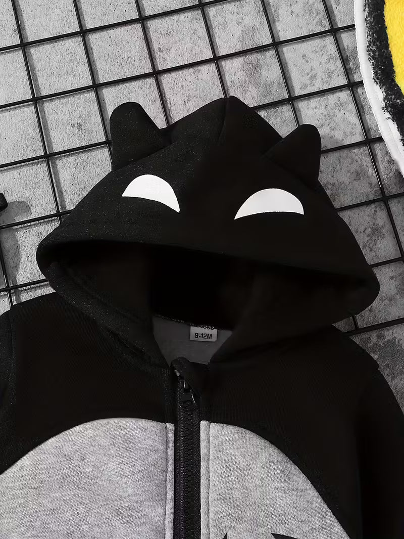 Körpə Oğlan Romper – Qara-Gri, Qalın Fleece, Kapüşonlu, İsti və Rahat, Payız/Qış Açıq Hava Geyimi