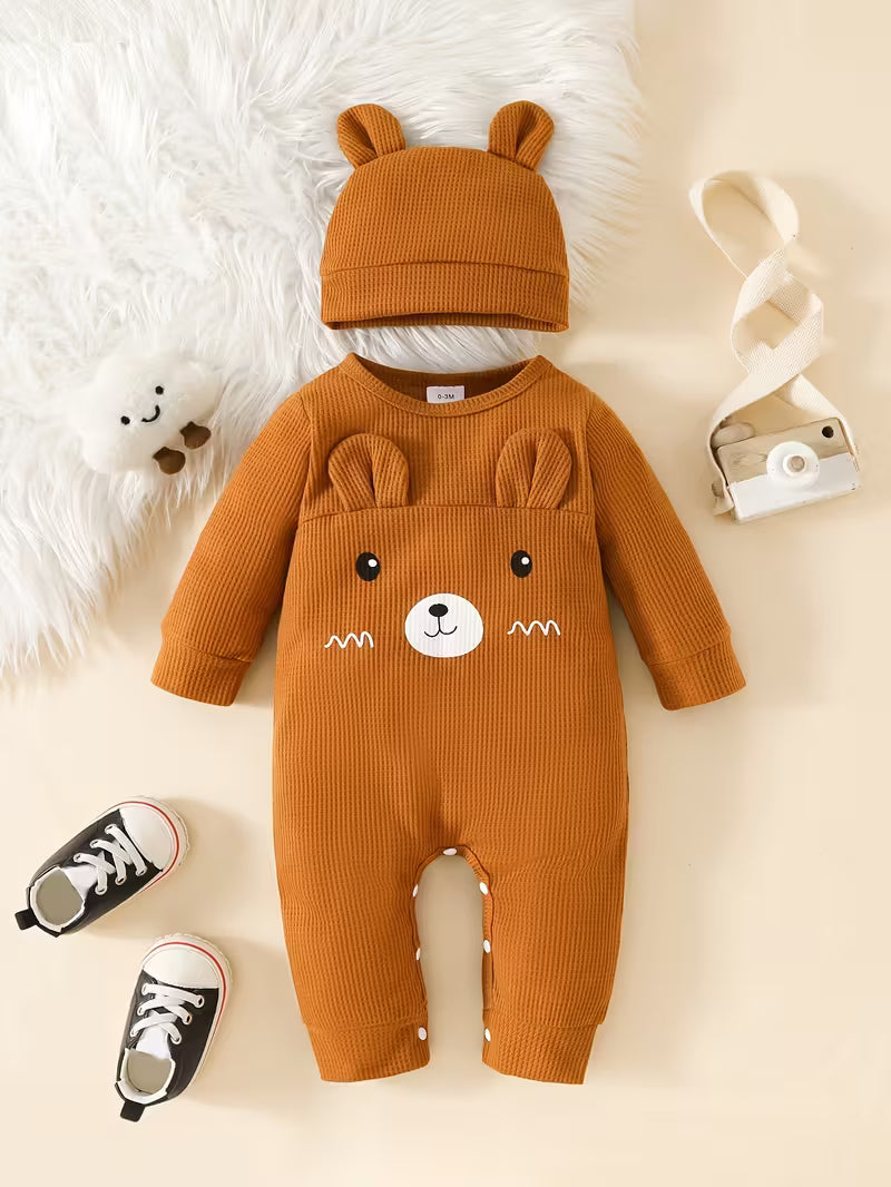 Körpə üçün Trendy Çaplı Uzunqollu Romper və Uyğun Şapka