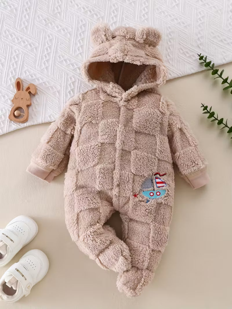 Uşaq Oğlan Üçün Qış Onesie – Kapüşonlu Yumşaq Romper, İsti və Rahat