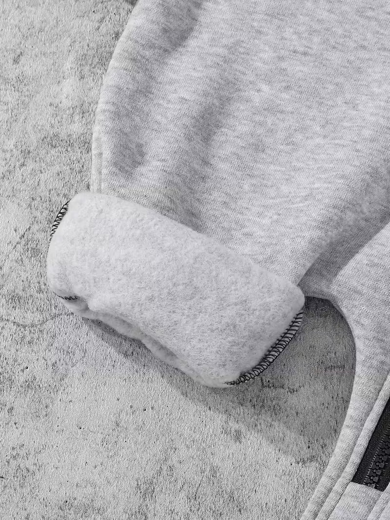 Körpə Oğlan Romper – Qara-Gri, Qalın Fleece, Kapüşonlu, İsti və Rahat, Payız/Qış Açıq Hava Geyimi