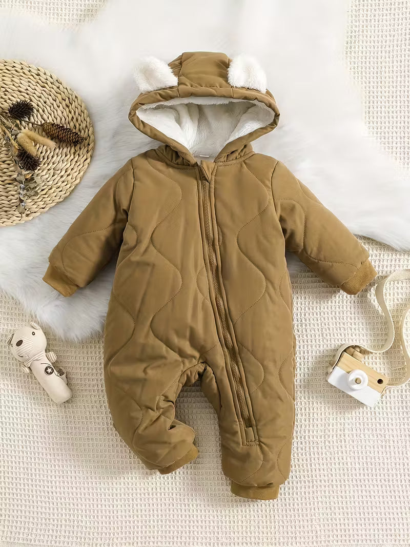 Dovşan Qulaqlı Rahat Boz Kapüşonlu Körpə Kombinezonu – Qalın Flis Astarı ilə Qışlıq Fermuarlı,