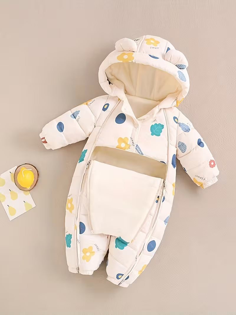 Unisex Qış Jumpsuit – Qalın Yumşaq Kapüşonlu Uzun Qol Romper, Cartoon Qoyun və Bulud Naxışlı, Elastik Manşetlər, Açıq Hava Üçün