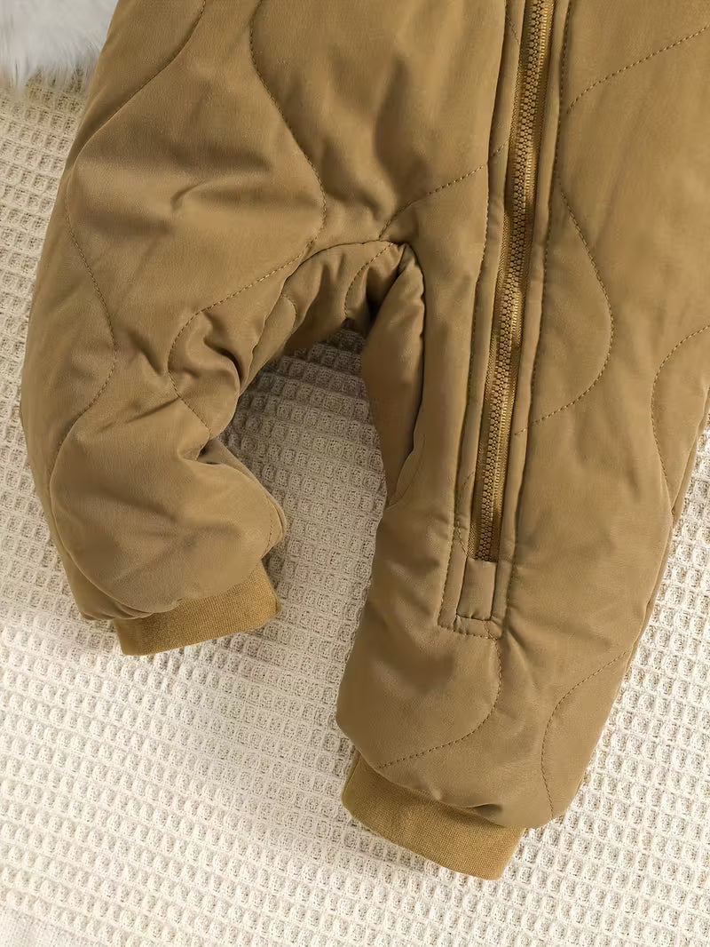 Dovşan Qulaqlı Rahat Boz Kapüşonlu Körpə Kombinezonu – Qalın Flis Astarı ilə Qışlıq Fermuarlı,