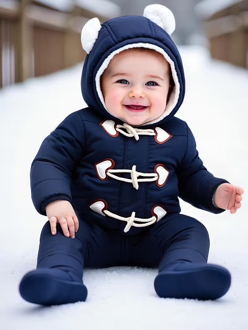 Gender-Neutral Körpə Qış Kombinezonu – Ayı Qulaqlı, Yumşaq və İsti”