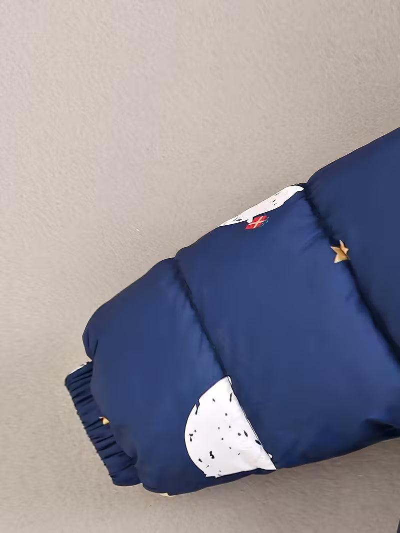 Unisex Qış Jumpsuit – Qalın Yumşaq Kapüşonlu Uzun Qol Romper, Cartoon Qoyun və Bulud Naxışlı, Elastik Manşetlər, Açıq Hava Üçün