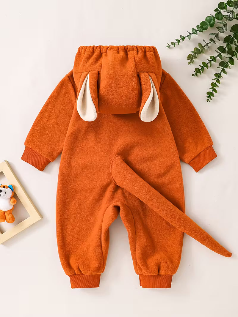 Kiçik Qız üçün Rahat Narıncı Kapüşonlu Romper, Ön Cib və Quyruq ilə - Sevimli Heyvan Dizaynı, Partilər & Oyun Vaxtı üçün Mükəmməl, Yumşaq & Rahat, Partiya Geyimi|Oyuncaq Dizayn|Uşaqların Geyimi, Açıq Hava üçün