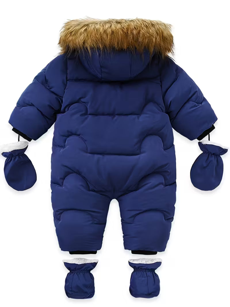 Körpə Qışlıq Kar Kostyumu, Plüş Süni Tüklü Şapka & Elastik Manjetli Tam Fermuar Ceket - Oğlanlar
