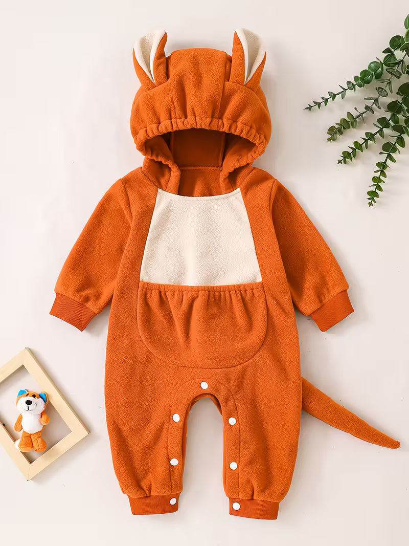 Kiçik Qız üçün Rahat Narıncı Kapüşonlu Romper, Ön Cib və Quyruq ilə - Sevimli Heyvan Dizaynı, Partilər & Oyun Vaxtı üçün Mükəmməl, Yumşaq & Rahat, Partiya Geyimi|Oyuncaq Dizayn|Uşaqların Geyimi, Açıq Hava üçün