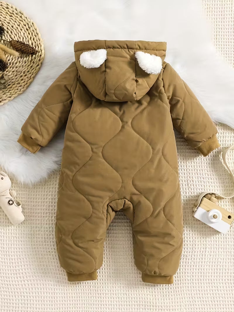 Dovşan Qulaqlı Rahat Boz Kapüşonlu Körpə Kombinezonu – Qalın Flis Astarı ilə Qışlıq Fermuarlı,