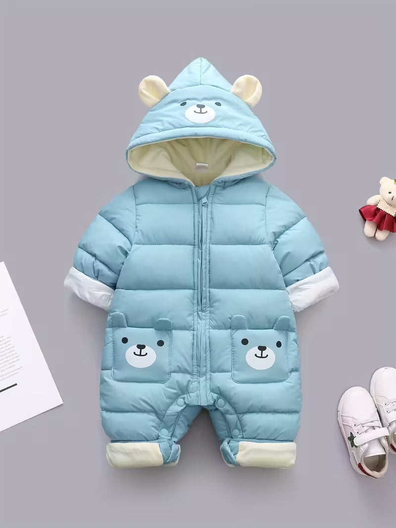 Uşaq Qış Snowsuit – Qapüşonlu, Ayı Naxışlı, Fleece Astarlı Romper, Fermuarlı Uzun Qol, 100% Polyester, Oğlan və Qız Üçün, Açıq Hava Üçün