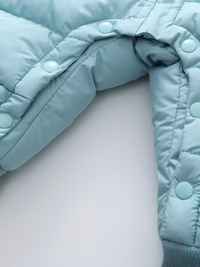 Uşaq Qış Snowsuit – Qapüşonlu, Ayı Naxışlı, Fleece Astarlı Romper, Fermuarlı Uzun Qol, 100% Polyester, Oğlan və Qız Üçün, Açıq Hava Üçün