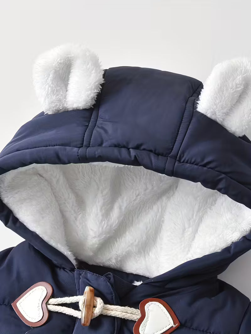 Gender-Neutral Körpə Qış Kombinezonu – Ayı Qulaqlı, Yumşaq və İsti”