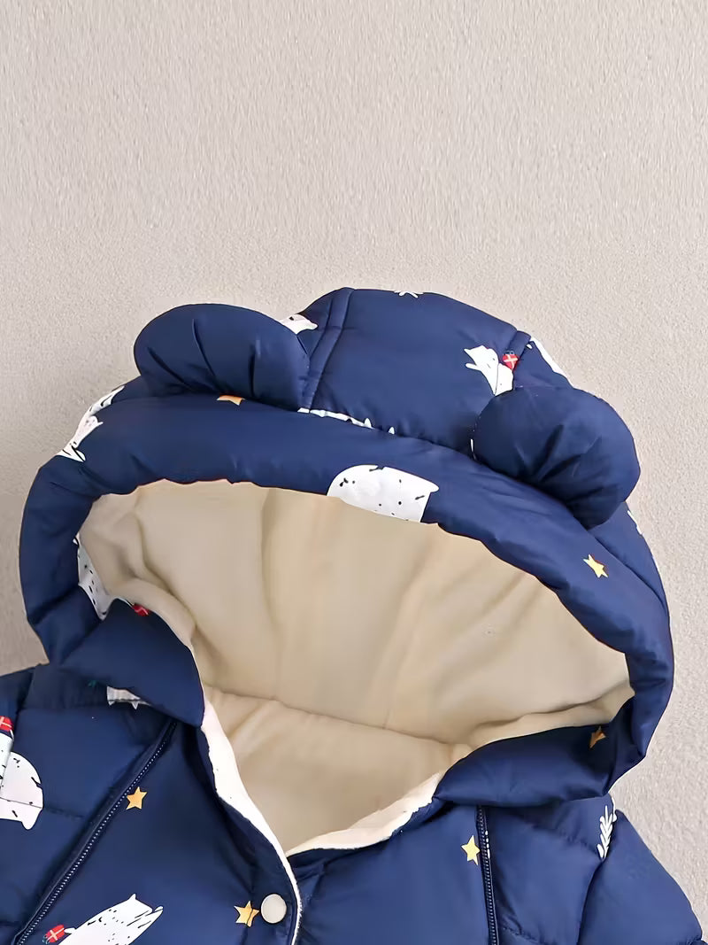 Unisex Qış Jumpsuit – Qalın Yumşaq Kapüşonlu Uzun Qol Romper, Cartoon Qoyun və Bulud Naxışlı, Elastik Manşetlər, Açıq Hava Üçün